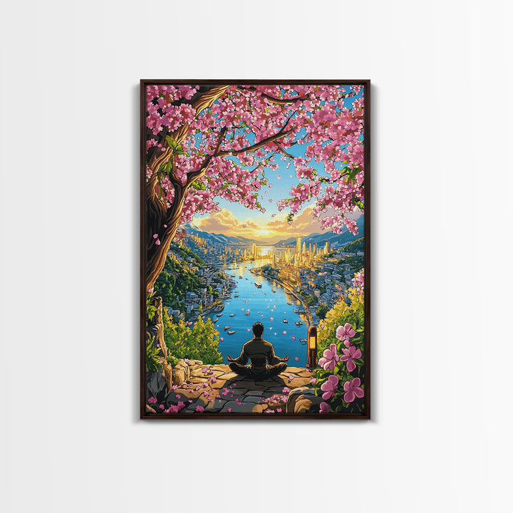 Golden Harbor Sakura Meditation Framed Canvas Print, Japanese Landscape Wall Art, Zen City Decor, Large Living Room Art Print