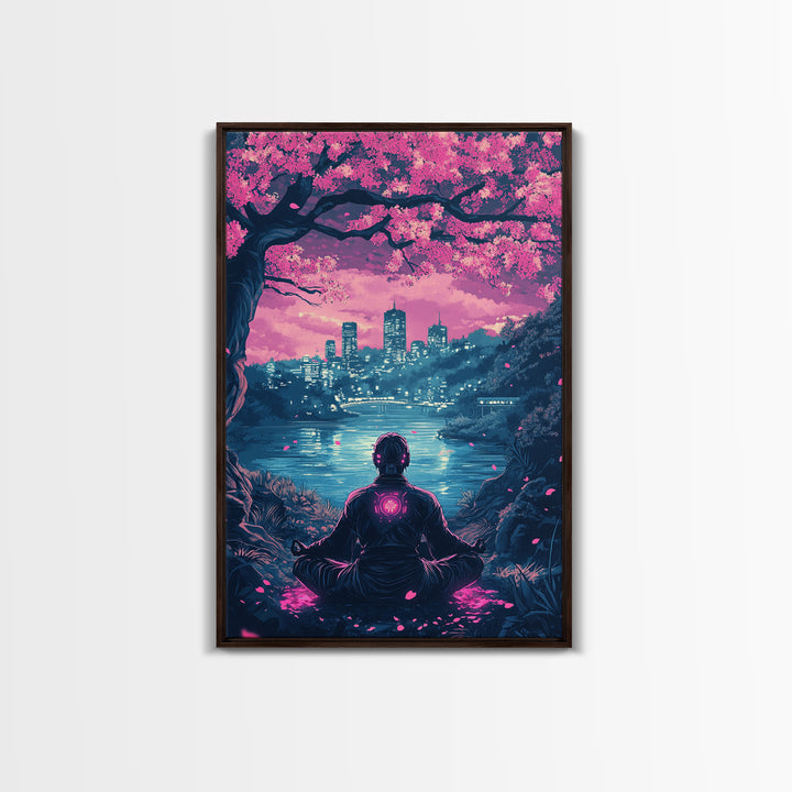 Neon Android Sakura Lake Meditation Wall Art, Cyberpunk Cityscape Print, Pink Cherry Blossom Decor, Sci Fi Bedroom Art, Gaming Room Decor
