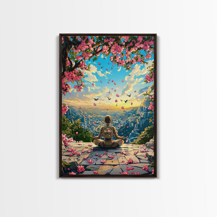 Android Meditation Sakura Valley Wall Art, Futuristic Robot Landscape Print, Cherry Blossom Decor, Japanese Anime Wall Decor