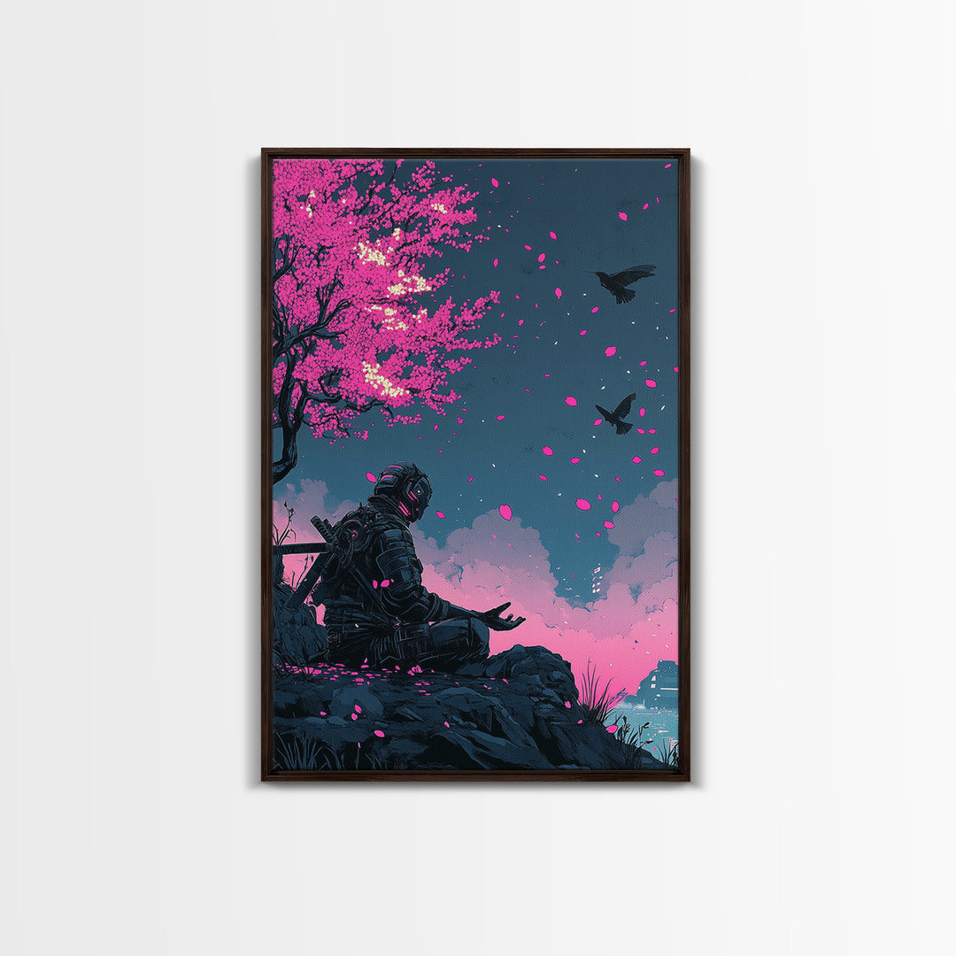 Cyberpunk Warrior Sakura Night Framed Canvas Print, Neon Sci Fi Wall Art, Pink Cherry Blossom Decor, Futuristic Poster, Gift For Him