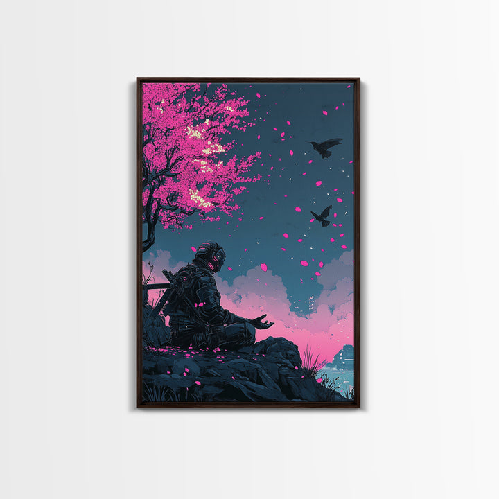 Cyberpunk Warrior Sakura Night Framed Canvas Print, Neon Sci Fi Wall Art, Pink Cherry Blossom Decor, Futuristic Poster, Gift For Him