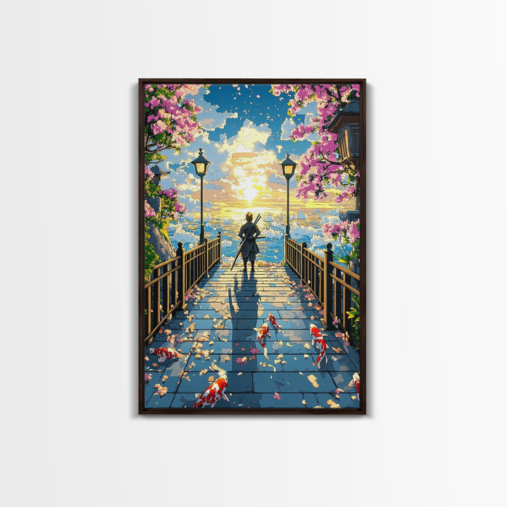 Samurai On Lantern Bridge At Ocean Sunset Wall Art, Japanese Cherry Blossom Koi Print, Anime Landscape Living Room Decor
