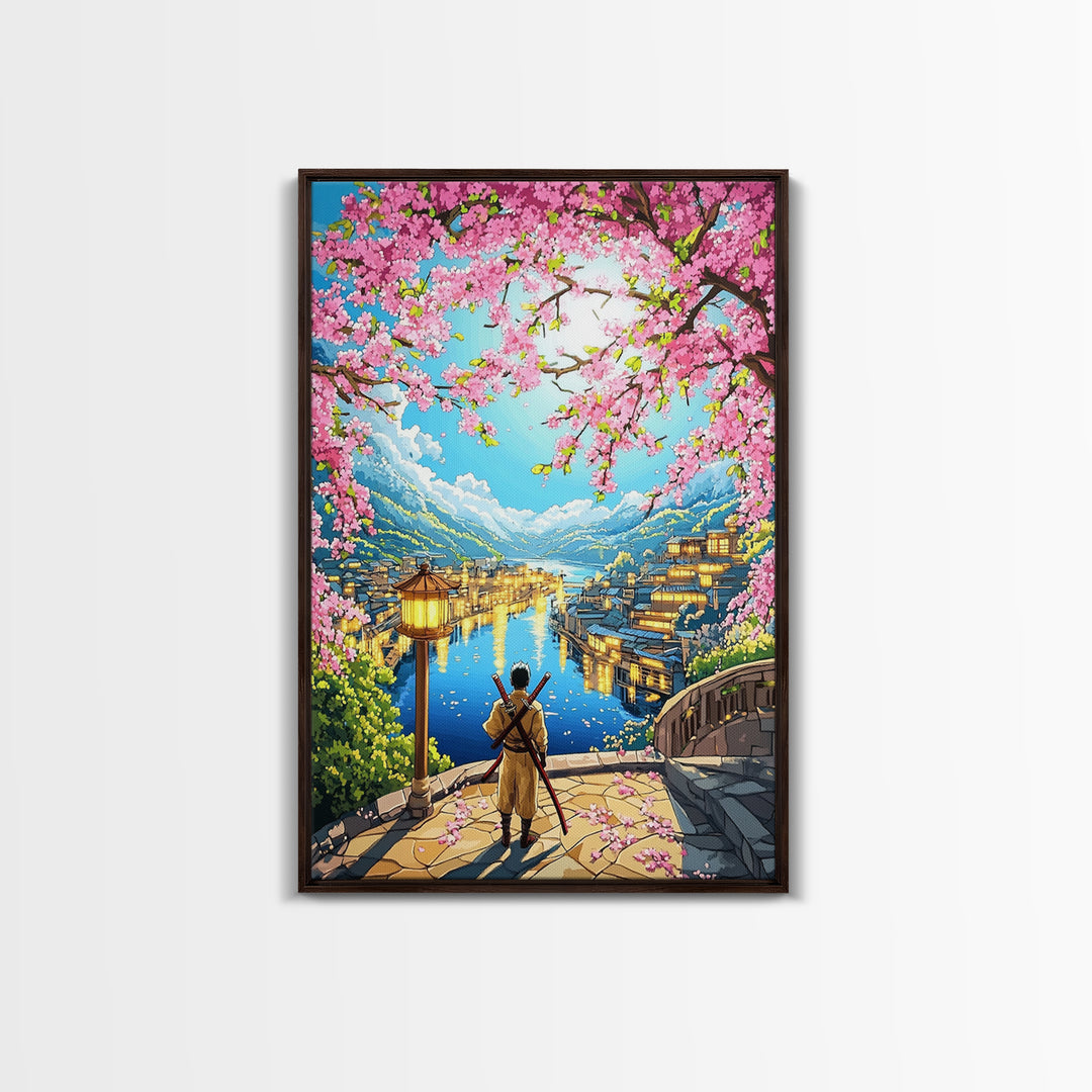 Samurai Over Lake Village With Cherry Blossoms Canvas Print, Japanese Wall Art, Anime Landscape, Travel Inspired Home Decor