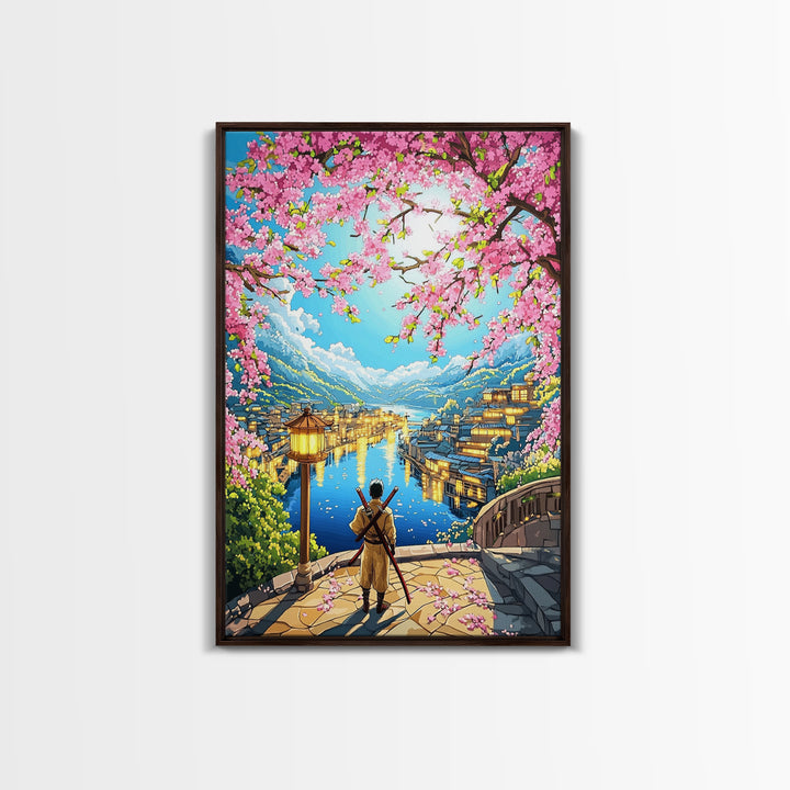 Samurai Over Lake Village With Cherry Blossoms Canvas Print, Japanese Wall Art, Anime Landscape, Travel Inspired Home Decor