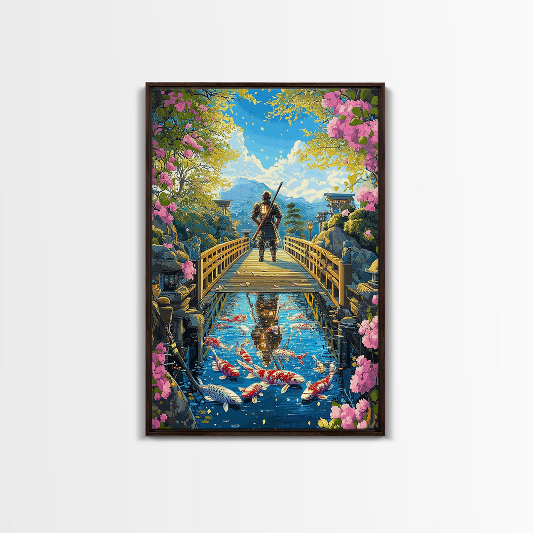 Samurai On Wooden Bridge Above Koi Pond Framed Canvas Print, Japanese Wall Art, Cherry Blossom Mountain Landscape Decor Print
