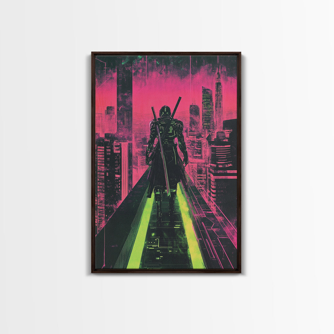Cyberpunk Samurai On Neon Rooftop Wall Art, Futuristic Cityscape Poster, Pink Green Sci Fi Gaming Room Decor For Him Gift