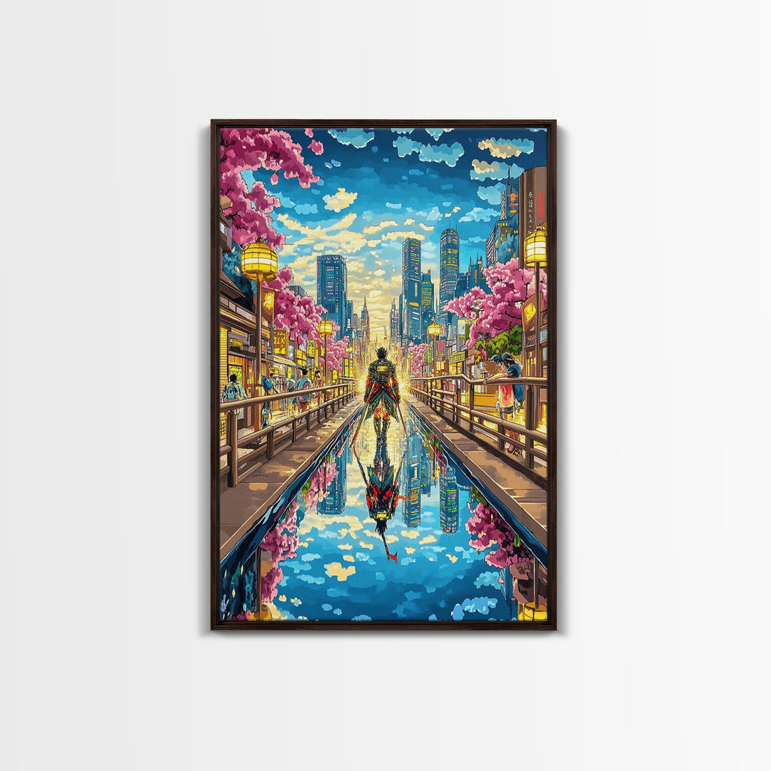 Samurai In Modern City Canal Reflection Canvas Print, Japanese Cherry Blossom Wall Art, Cyberpunk Anime Living Room Decor