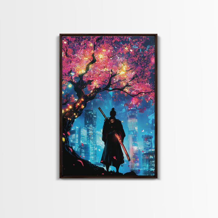 Cyberpunk Samurai Under Glowing Sakura Tree Wall Art, Neon Japanese Cityscape, Moody Anime Poster, Gaming Room Decor Gift For Him