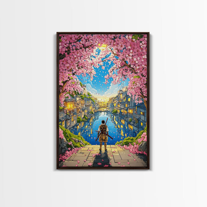 Samurai By Cherry Blossom Canal In Japanese Town Framed Canvas Print, Anime Landscape Wall Art, Cozy Living Room Decor Print