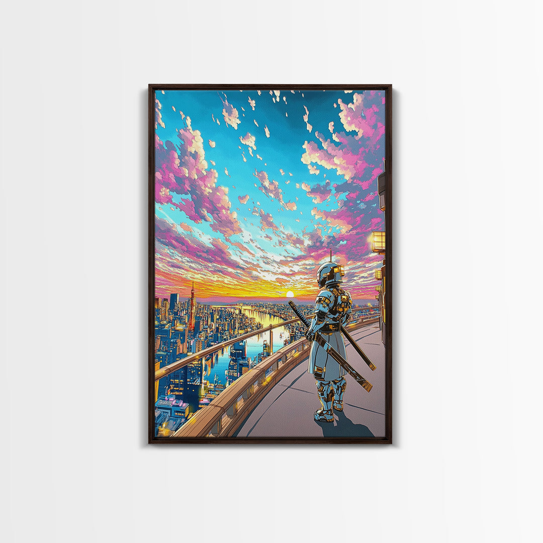Samurai On Skyline Balcony At Pink Sunset Canvas Print, Japanese Cyberpunk Wall Art, Anime Cityscape Home Office Decor Print