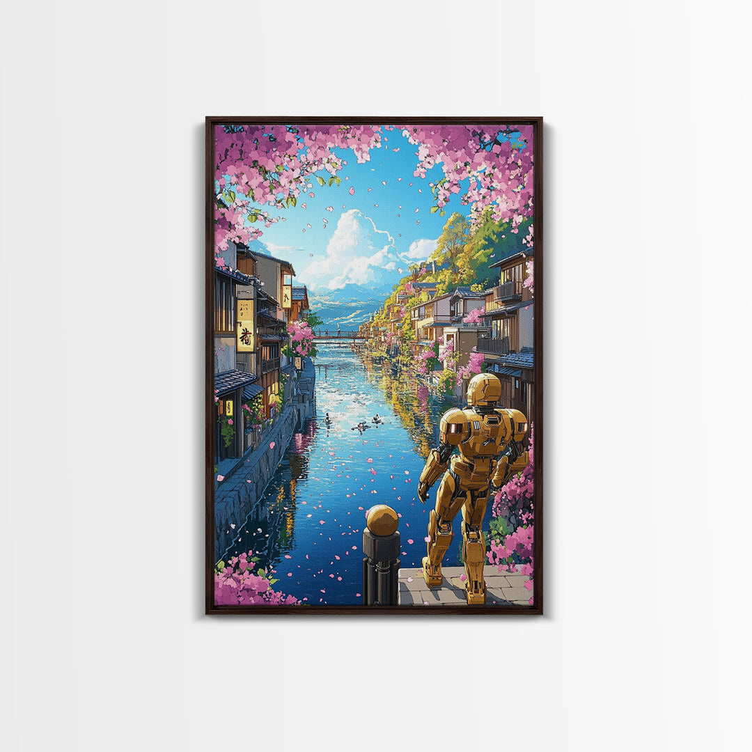 Golden Robot By Sakura Canal Wall Art, Japanese Cityscape Canvas, Futuristic Kyoto Decor, Anime Landscape Print For Living Room Decor