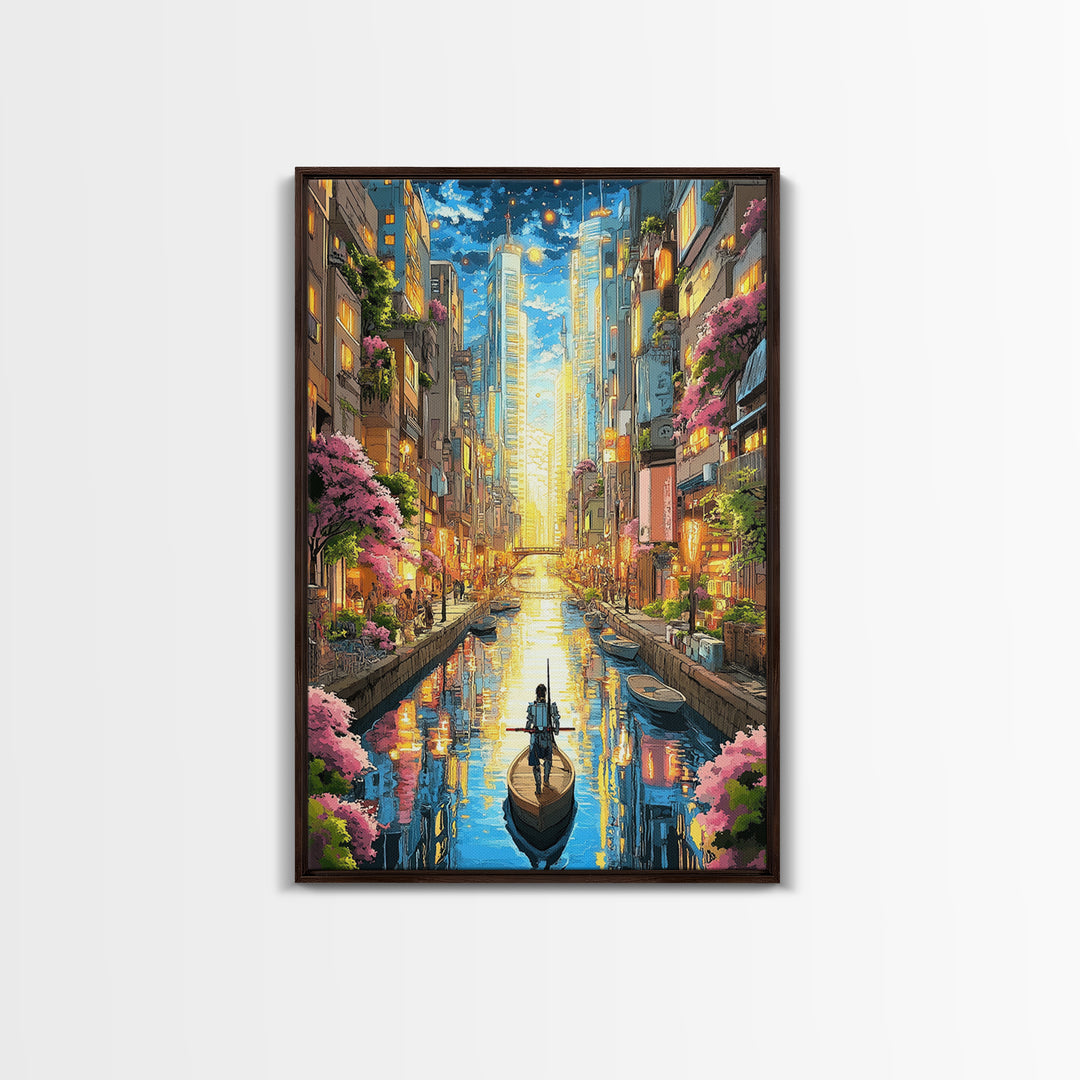 Lone Boat On Glowing Urban Canal Wall Art, Futuristic Cityscape Canvas Print, Sakura Skyline Living Room Decor, Modern Home Decor