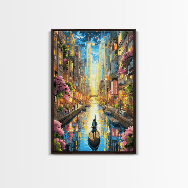 Lone Boat On Glowing Urban Canal Wall Art, Futuristic Cityscape Canvas Print, Sakura Skyline Living Room Decor, Modern Home Decor