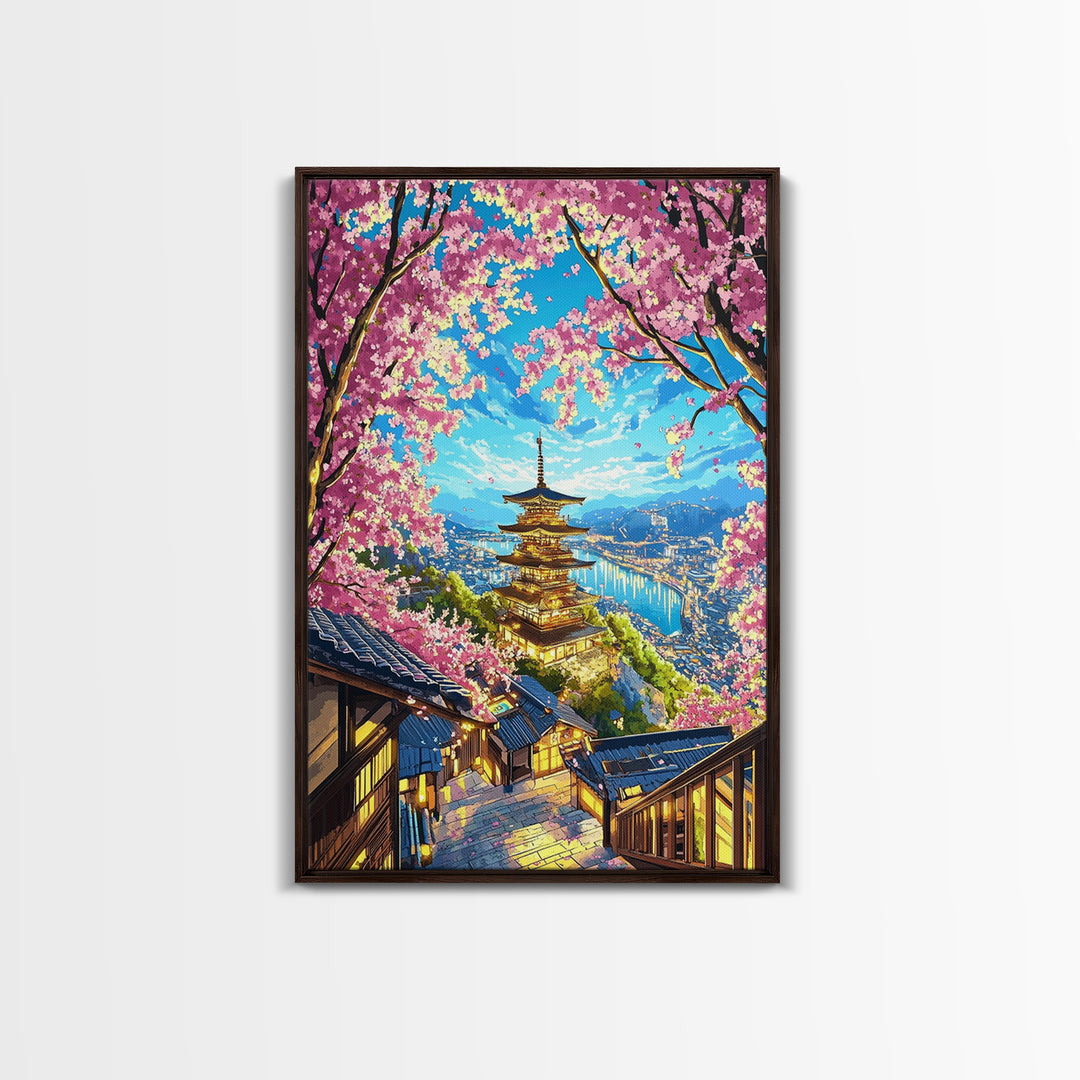 Golden Pagoda Above Blue Harbor Wall Art, Cherry Blossom Japanese Landscape Canvas Print, Kyoto Travel Home Decor Gift For Her