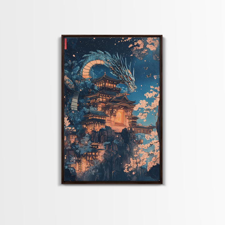 Moonlit Dragon Over Ancient Castle Canvas Print, Japanese Fantasy Wall Art, Sakura Nightscape Gothic Home Decor Mythical Gift