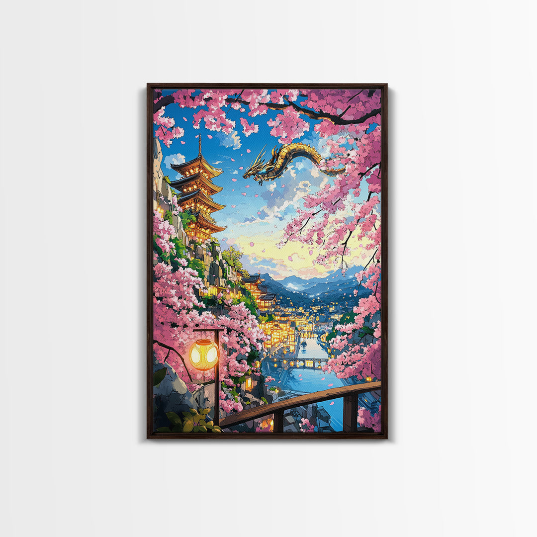 Flying Dragon Above Sakura Pagoda Framed Canvas Print, Japanese Fantasy Landscape Wall Art, Pink Cherry Blossom Decor Print