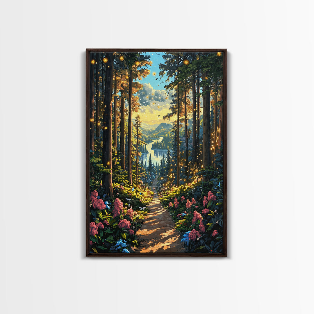 Enchanted Forest Path With Fireflies Wall Art, Mountain Lake Canvas Print, Whimsical Nature Landscape Home Decor Gift For Her