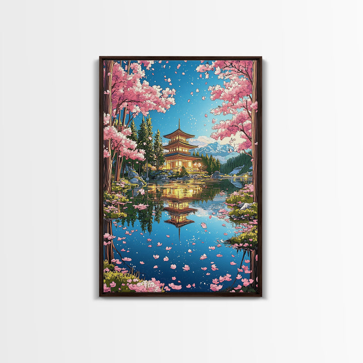 Cherry Blossom Pagoda Lake Reflection Wall Art, Japanese Landscape Canvas, Sakura Temple Decor, Serene Asian Home Decor Print