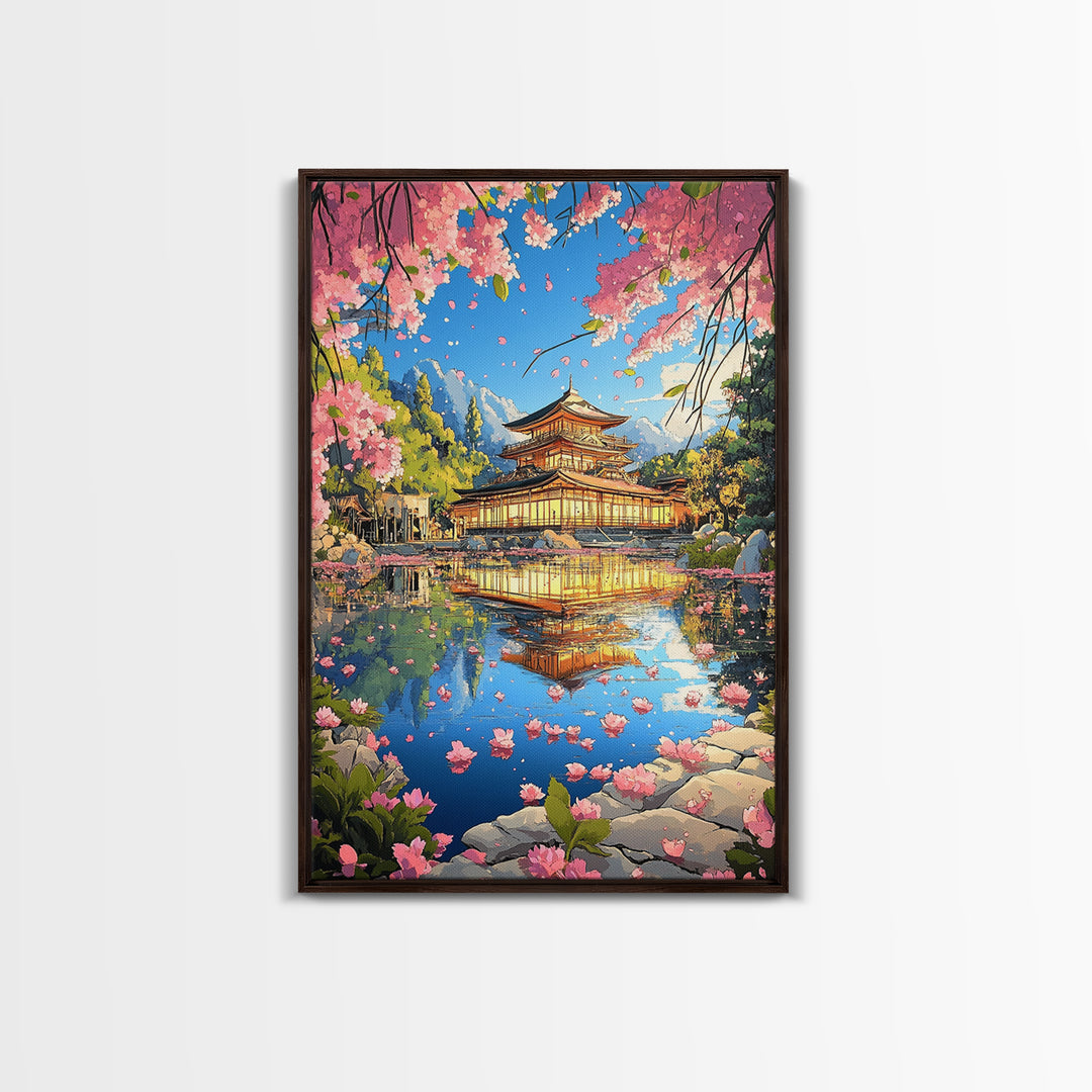 Golden Sakura Temple Reflection Canvas Print, Japanese Garden Wall Decor, Cherry Blossom Lake Art For Serene Home Decor Gift