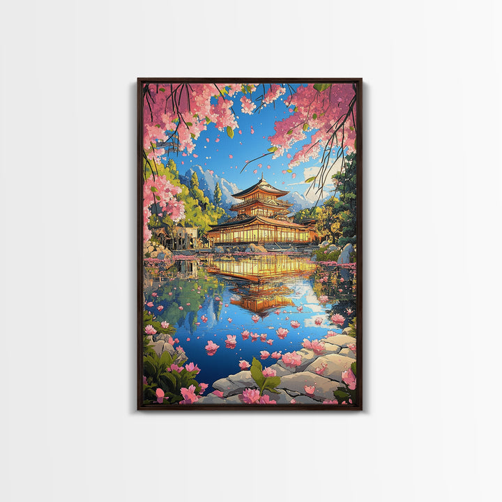 Golden Sakura Temple Reflection Canvas Print, Japanese Garden Wall Decor, Cherry Blossom Lake Art For Serene Home Decor Gift