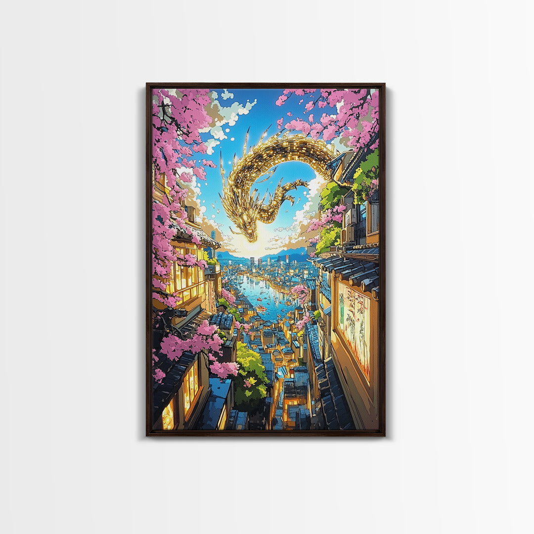 Golden Dragon Over Sakura Harbor Wall Art, Fantasy Japanese Cityscape Print, Cherry Blossom Decor For Asian Home Decor Gift