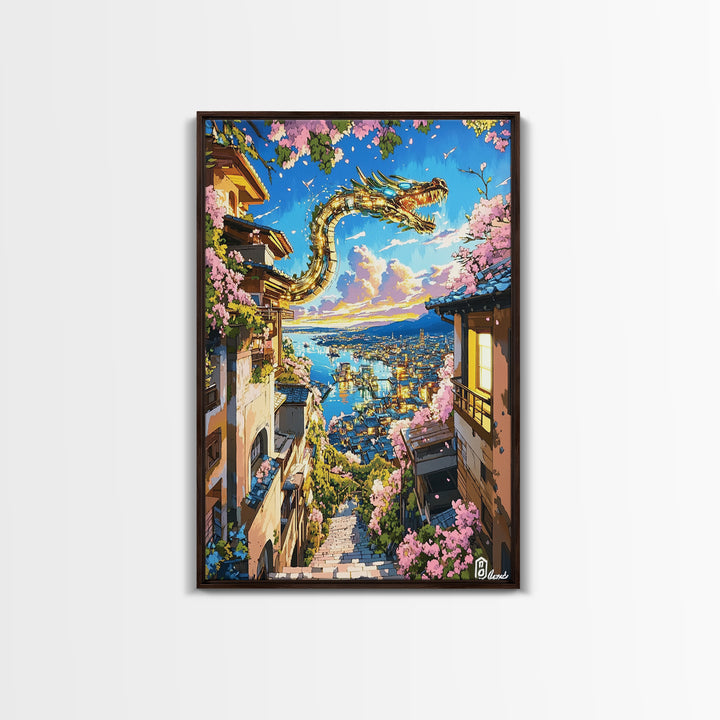 Serpentine Dragon Above Coastal Village Canvas Print, Japanese Fantasy Wall Decor, Sakura Sunset Art For Bold Home Decor
