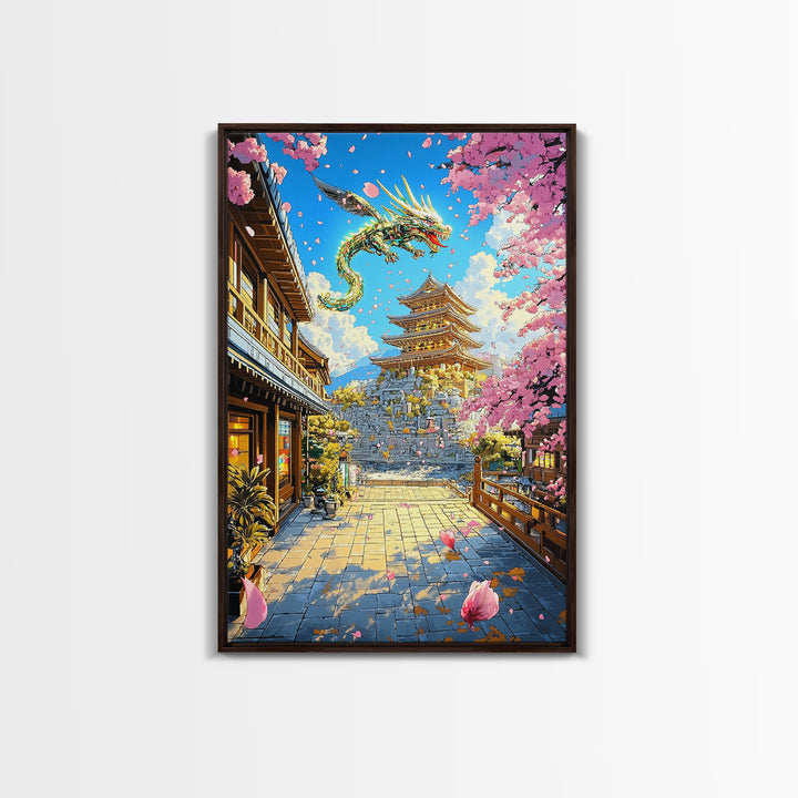 Golden Dragon Over Sakura Pagoda Framed Canvas Print, Japanese Fantasy Wall Art, Cherry Blossom Temple Decor For Living Room