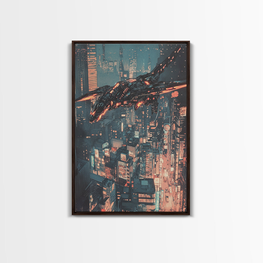 Cyberpunk Mechanical Dragon Over Neon City Wall Art, Futuristic Sci Fi Canvas, Dystopian Urban Decor For Gaming Room Poster