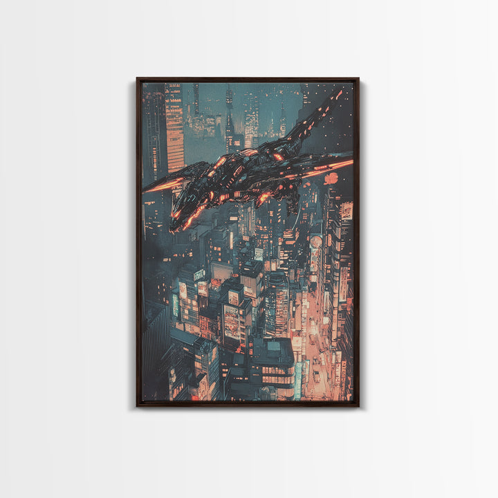Cyberpunk Mechanical Dragon Over Neon City Wall Art, Futuristic Sci Fi Canvas, Dystopian Urban Decor For Gaming Room Poster