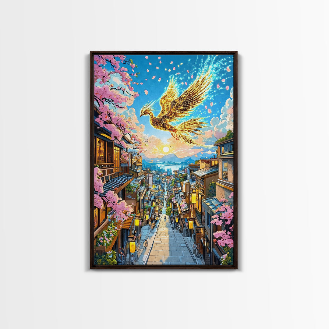 Golden Phoenix Over Sakura Hillside Town Framed Canvas Print, Japanese Fantasy Wall Art, Cherry Blossom Sunrise Decor For Home