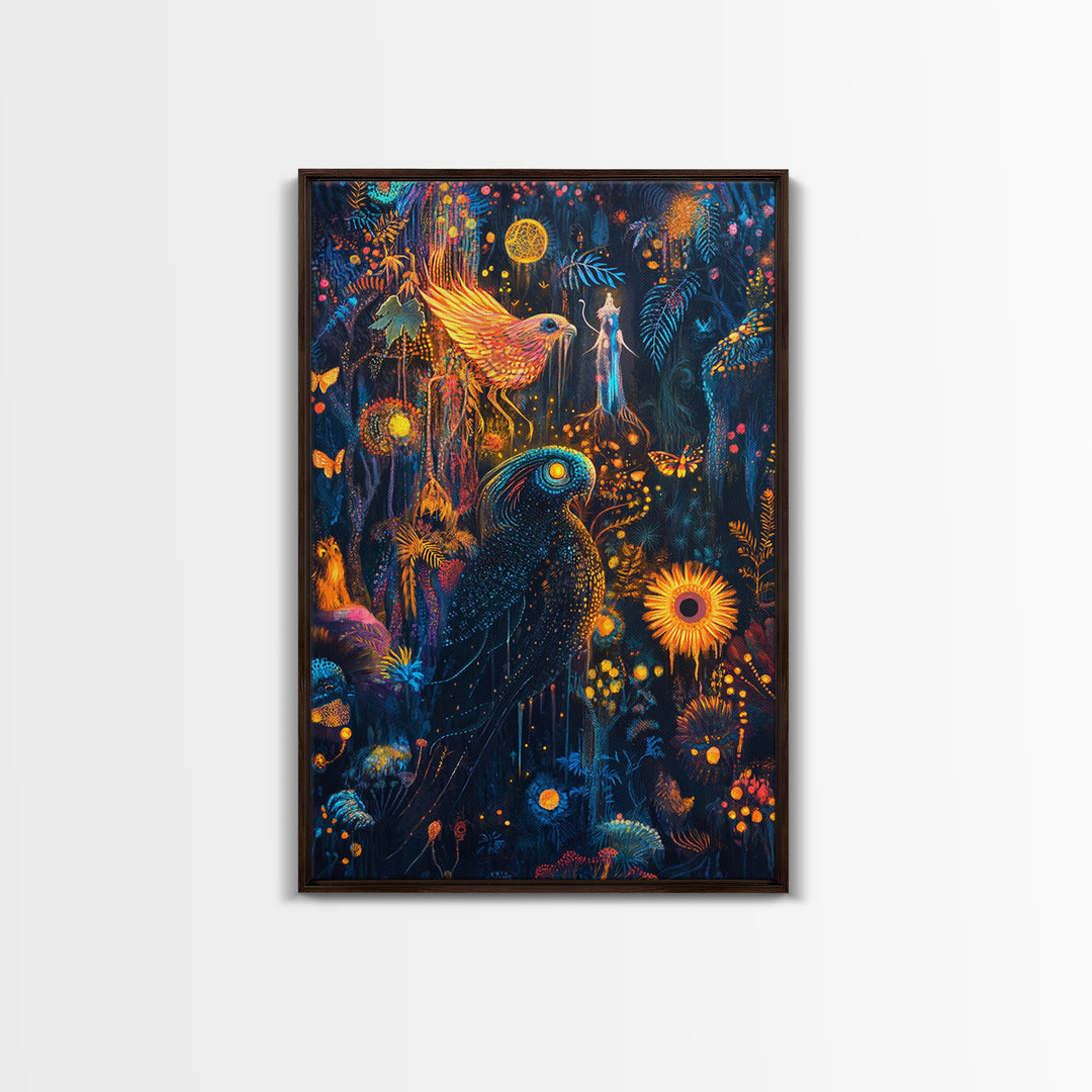 Luminous Birds In Enchanted Jungle Wall Art, Whimsical Fantasy Canvas, Celestial Moon Decor For Boho Maximalist Home Decor