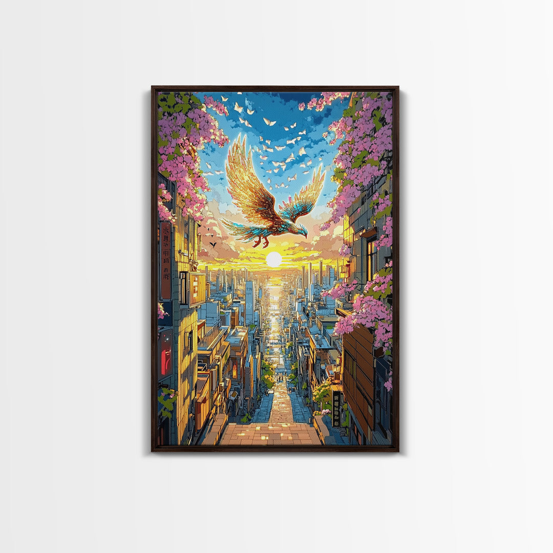 Golden Phoenix Over Sakura City Wall Art, Japanese Fantasy Art Print, Colorful Wall Art, Living Room Wall Decor, Housewarming Gift