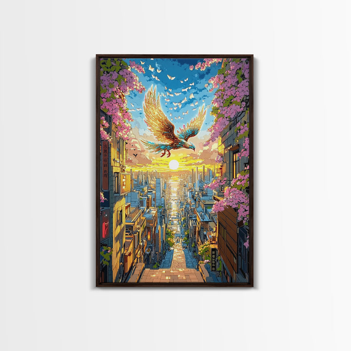 Golden Phoenix Over Sakura City Wall Art, Japanese Fantasy Art Print, Colorful Wall Art, Living Room Wall Decor, Housewarming Gift