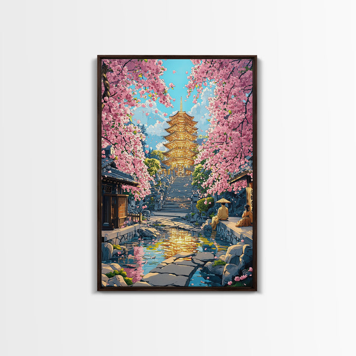 Golden Pagoda Cherry Blossom Framed Canvas Print, Japanese Wall Art, Serene Zen Decor, Living Room Wall Decor, Housewarming Gift For Her