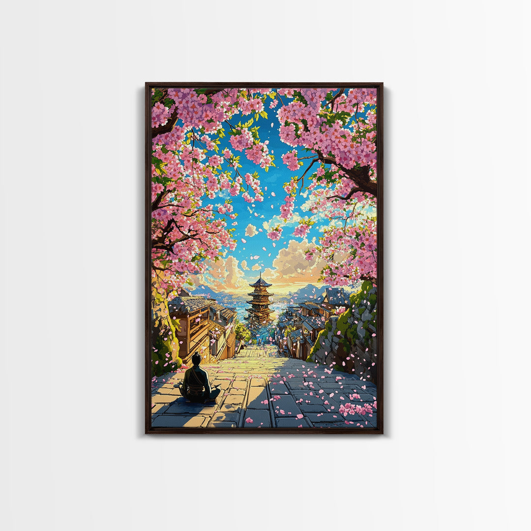 Cherry Blossom Steps To Ocean Pagoda Wall Art, Japanese Landscape Print, Coastal Home Decor, Tranquil Living Room Art, Gift For Her