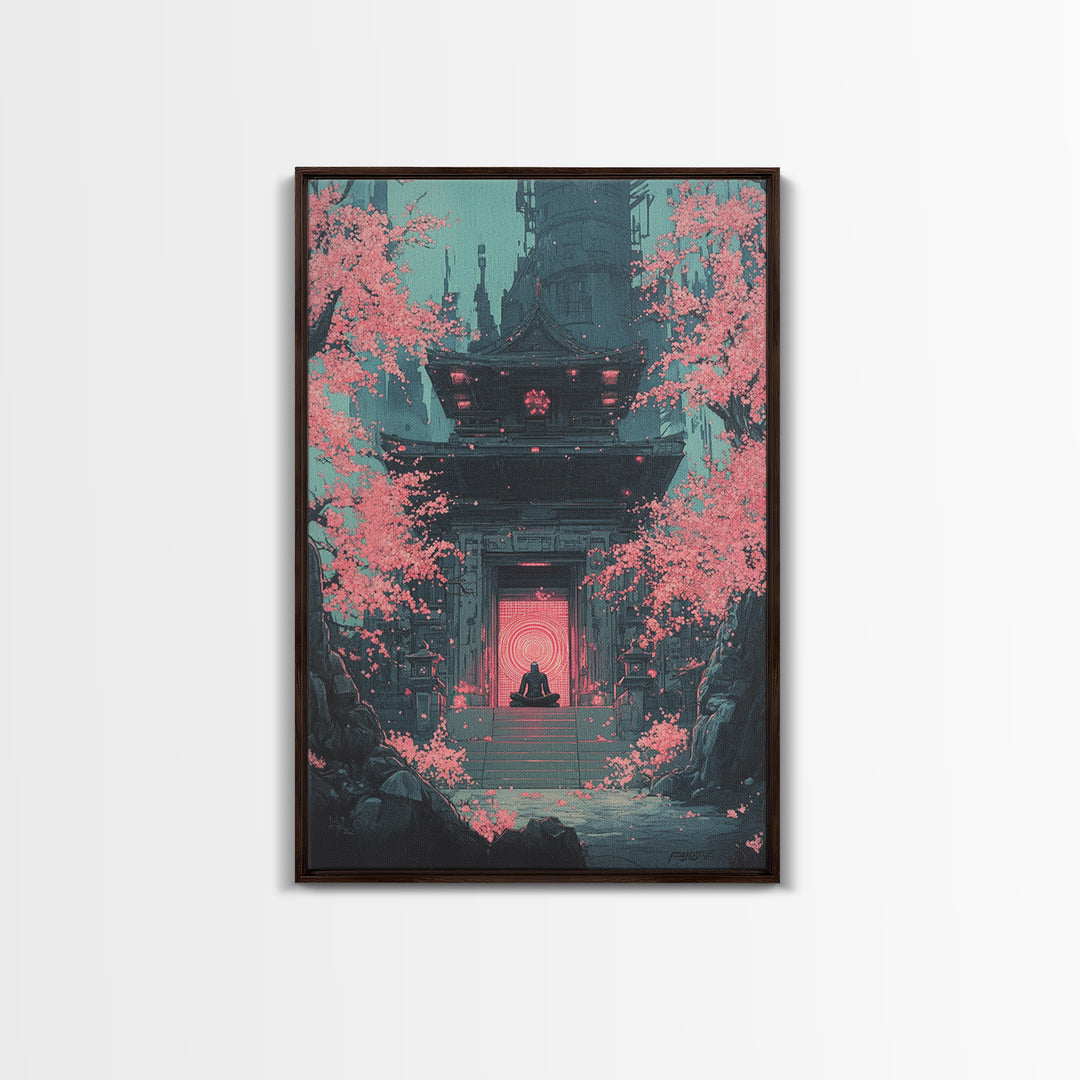 Neon Portal Temple With Pink Sakura Canvas Print, Cyberpunk Wall Art, Japanese Sci Fi Decor, Moody Office Wall Decor For Him