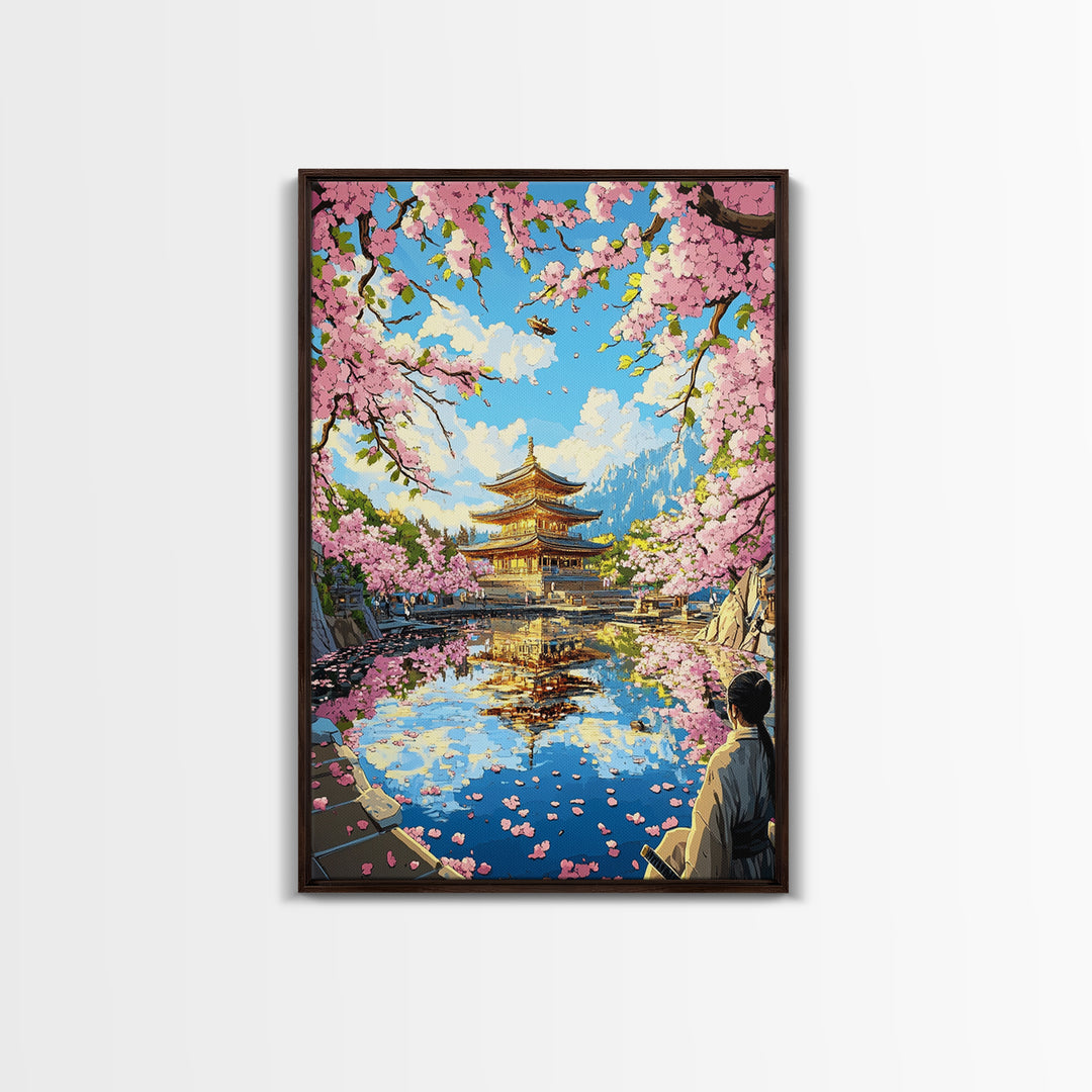 Golden Pagoda Reflected In Sakura Lake Framed Canvas Print, Japanese Wall Art, Mountain Landscape, Serene Zen Decor, Living Room Art