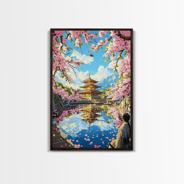 Golden Pagoda Reflected In Sakura Lake Framed Canvas Print, Japanese Wall Art, Mountain Landscape, Serene Zen Decor, Living Room Art