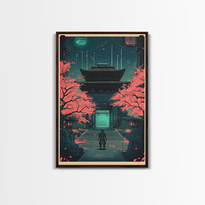 Neon Samurai At Sakura Temple Canvas Print, Cyberpunk Japanese Wall Art, Sci Fi Decor, Gaming Room Wall Decor Gift For Him