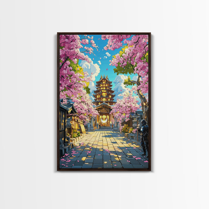 Illuminated Pagoda Under Pink Sakura Wall Art, Japanese Temple Print, Vibrant Spring Decor, Living Room Wall Decor, Gift For Her