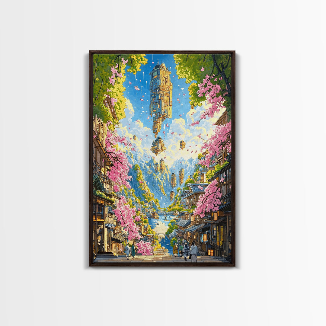 Floating Sky Tower Over Sakura Village Wall Art, Japanese Fantasy Landscape, Surreal Art Print, Statement Living Room Decor