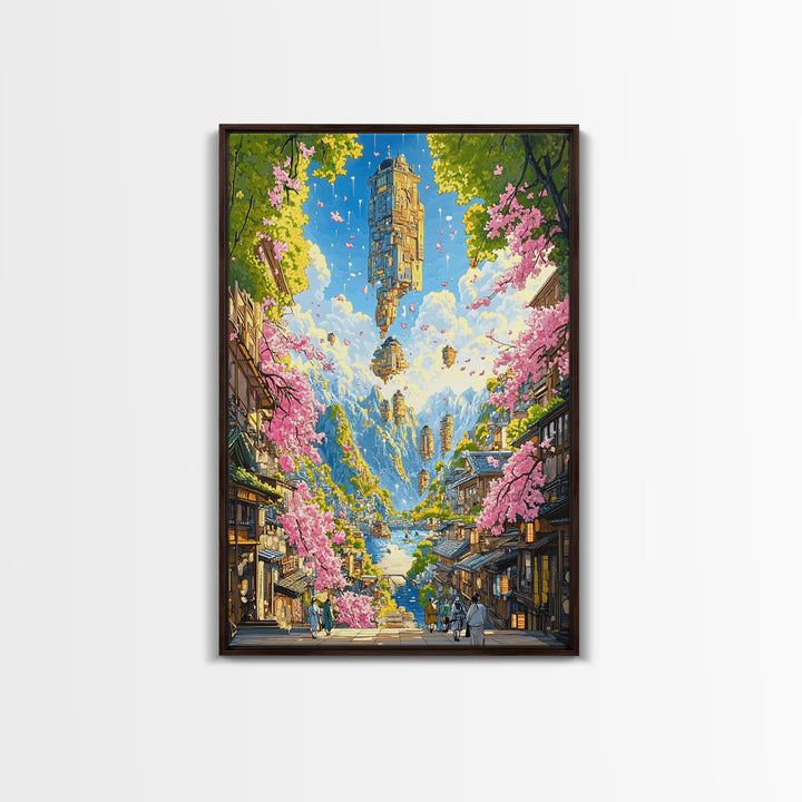 Floating Sky Tower Over Sakura Village Wall Art, Japanese Fantasy Landscape, Surreal Art Print, Statement Living Room Decor