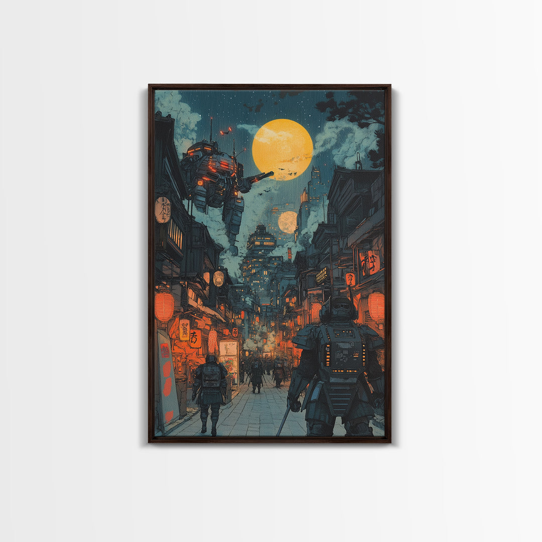 Mech Patrol In Neon Japanese Alley Canvas Print, Cyberpunk Wall Art, Sci Fi Cityscape Decor, Gaming Room Wall Decor For Him