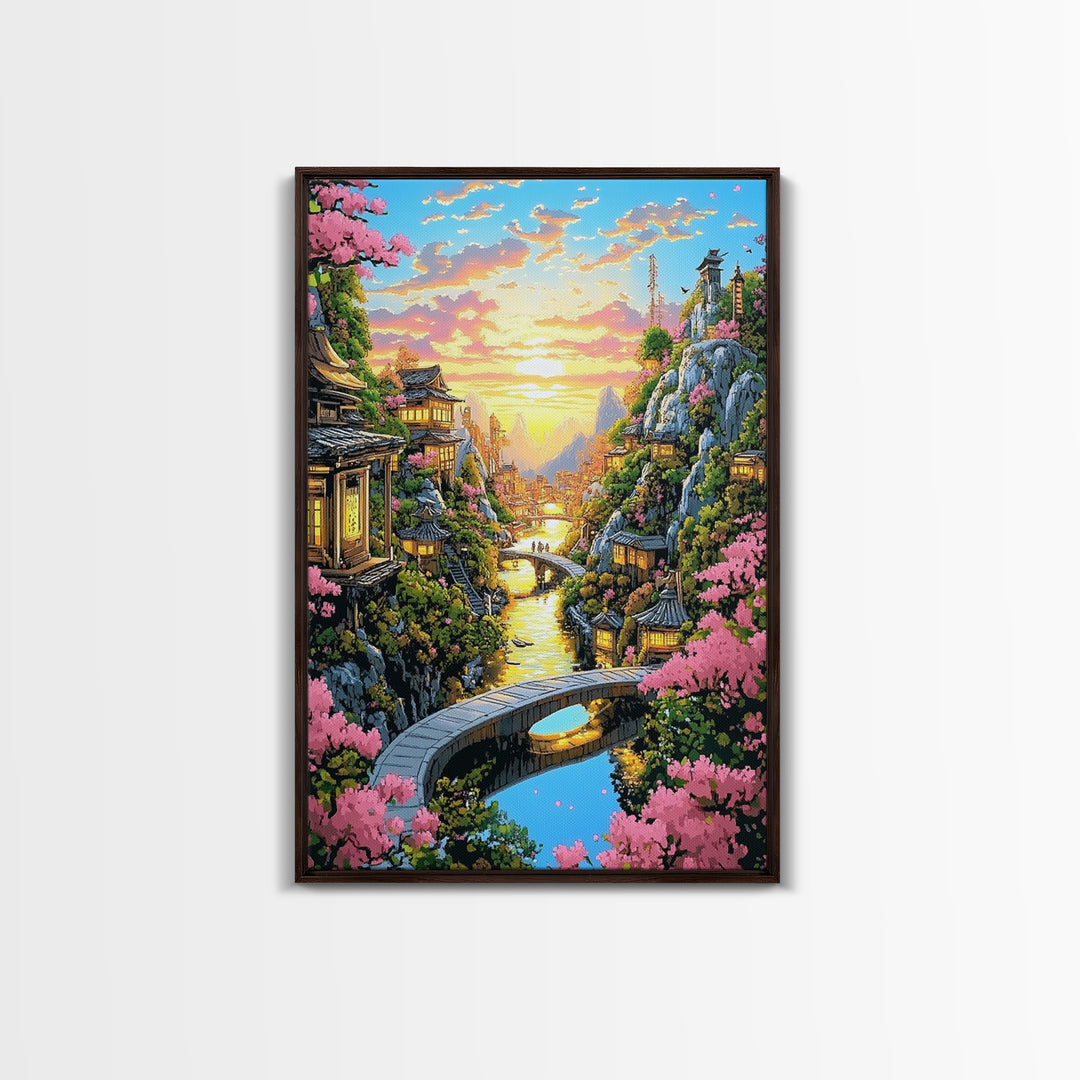 Sunset Canal Village With Sakura Framed Canvas Print, Japanese Landscape Wall Art, Romantic Coastal Home Decor, Gift For Her