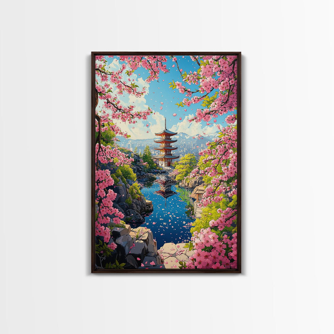 Spring Pagoda With Pink Cherry Blossoms Canvas Print, Japanese Landscape Wall Art, Bright Zen Living Room Decor Gift For Her