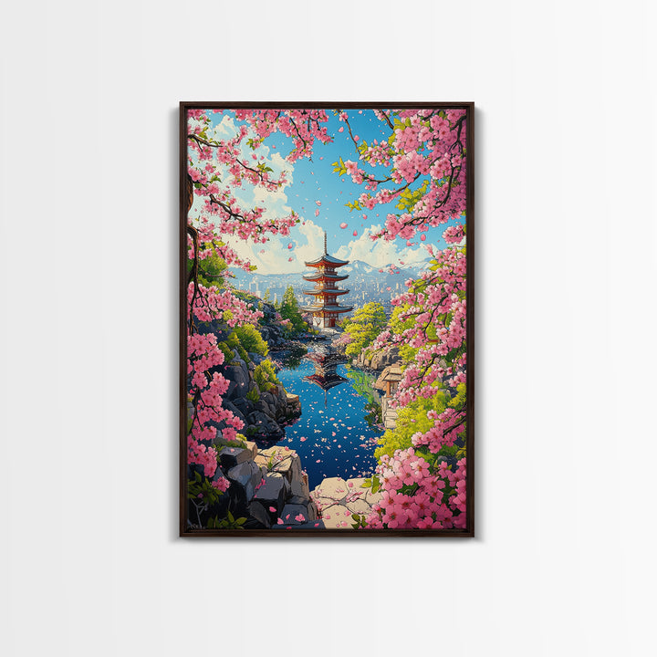 Spring Pagoda With Pink Cherry Blossoms Canvas Print, Japanese Landscape Wall Art, Bright Zen Living Room Decor Gift For Her