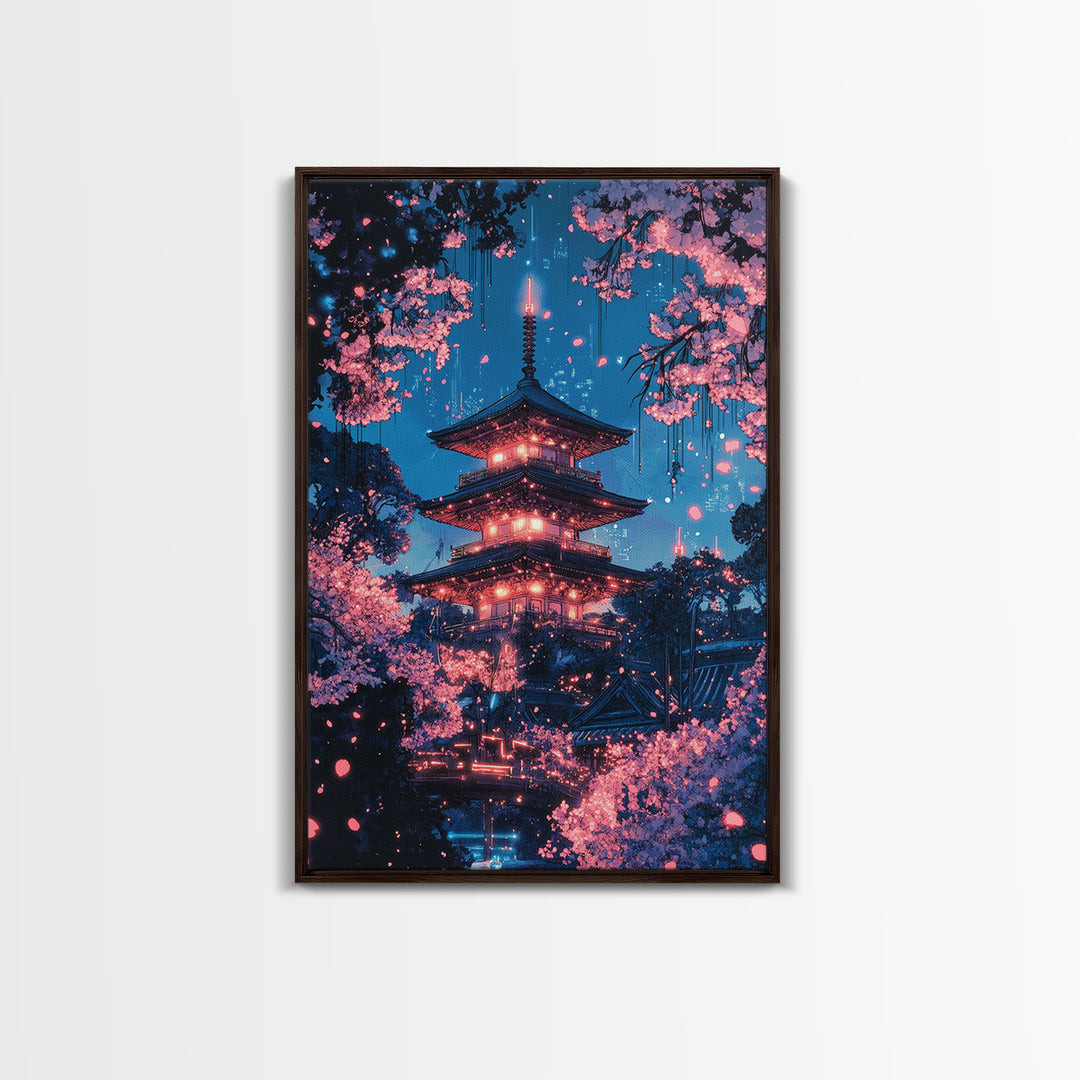Neon Night Pagoda In Cherry Blossom Rain Framed Canvas Print, Japanese Wall Art, Cyberpunk Cherry Blossom Decor For Modern Living Room