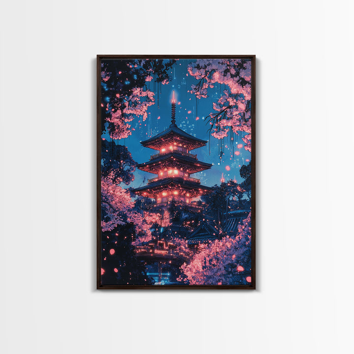 Neon Night Pagoda In Cherry Blossom Rain Framed Canvas Print, Japanese Wall Art, Cyberpunk Cherry Blossom Decor For Modern Living Room