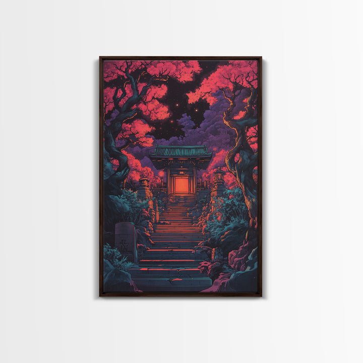 Moonlit Red Maple Shrine Stairway Wall Art, Dark Japanese Garden Print, Moody Gothic Decor For Bedroom And Living Room Gift
