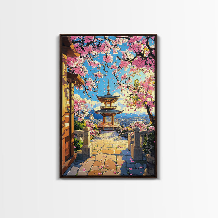 Hilltop Pagoda Under Pink Cherry Blossoms Canvas Print, Japanese Cityscape Wall Art, Bright Spring Decor For Living Room
